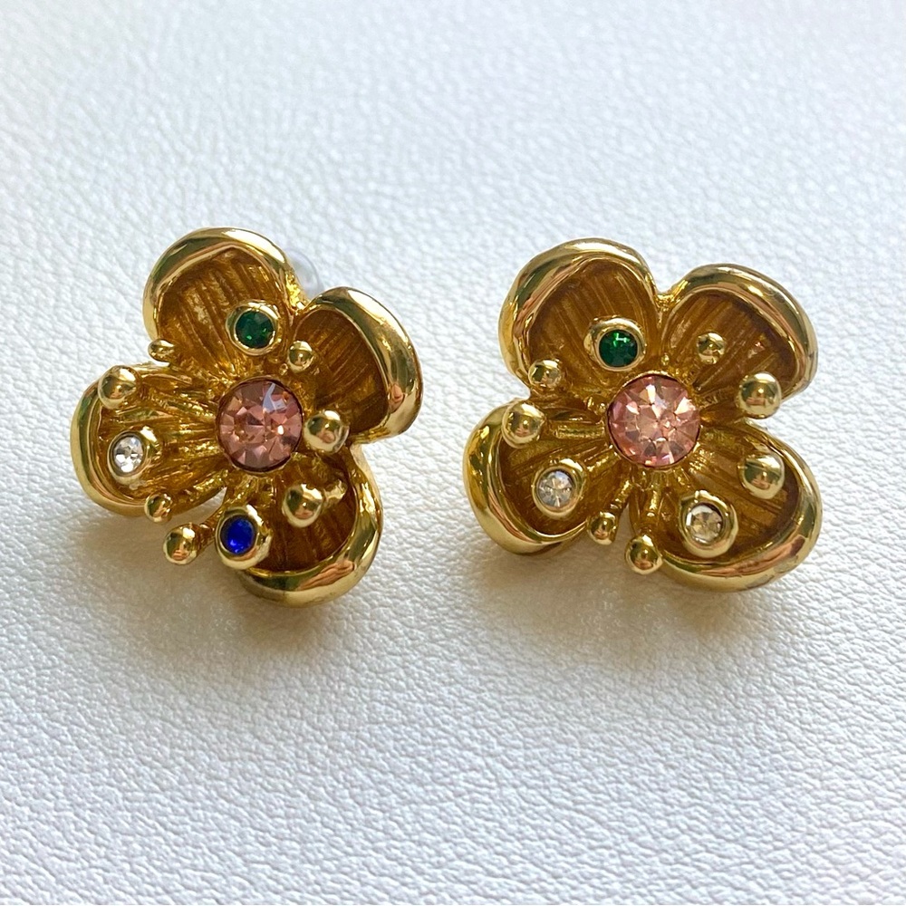 Gold Floral Earrings with Multicolor Accents